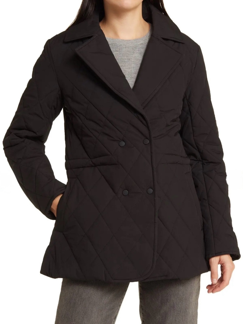 New, BCBG Max Azria Black Quilted Double-Breasted Puffer Coat. Size Small.